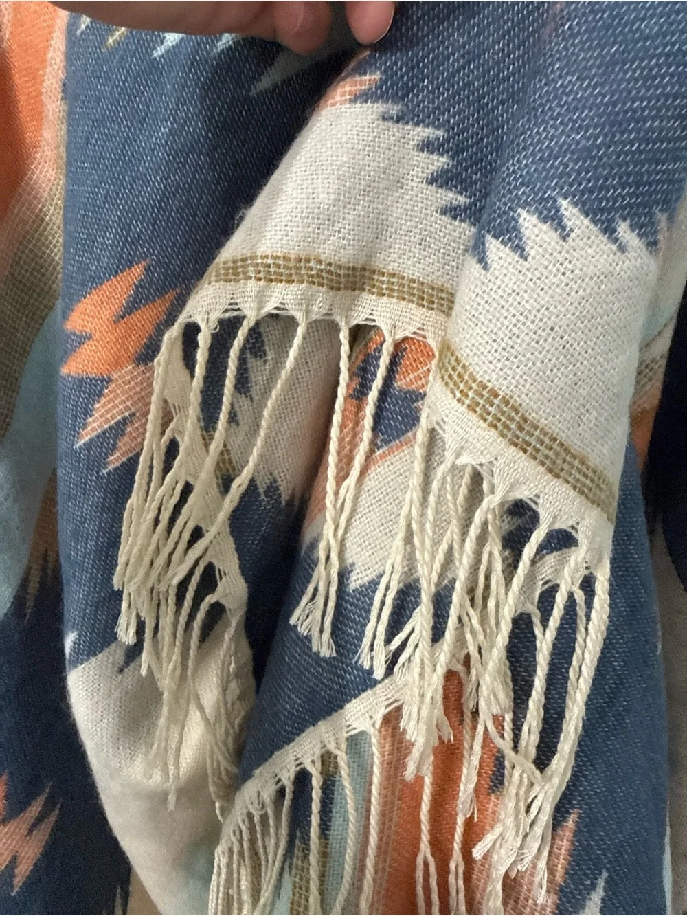 Boho Geometric Fringe Wrap in Cream, Navy & Rust